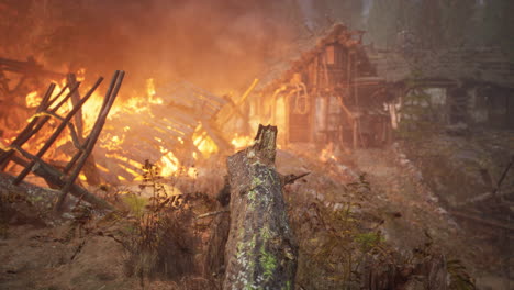 burning wooden house in old village