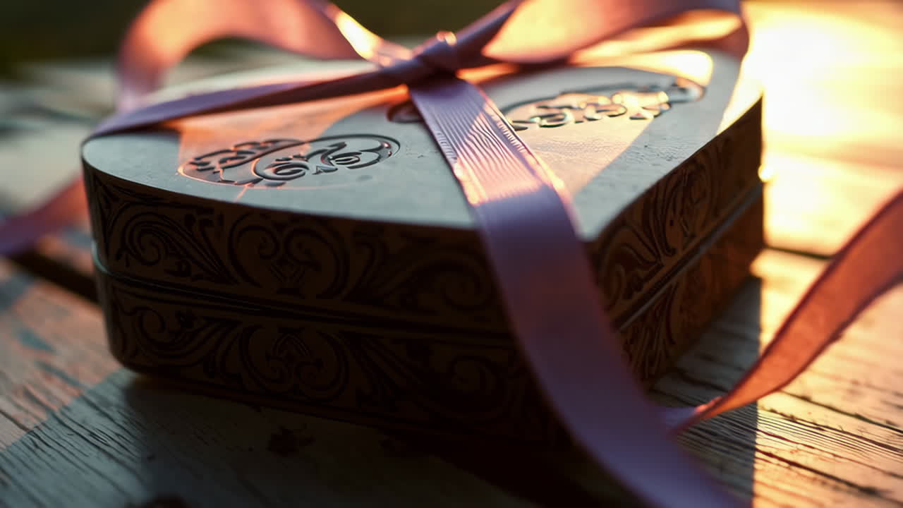 A heart-shaped gift box with a ribbon on a wooden table at sunset