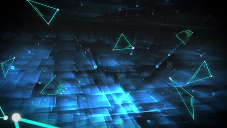 green triangles against moving shafts of light on black