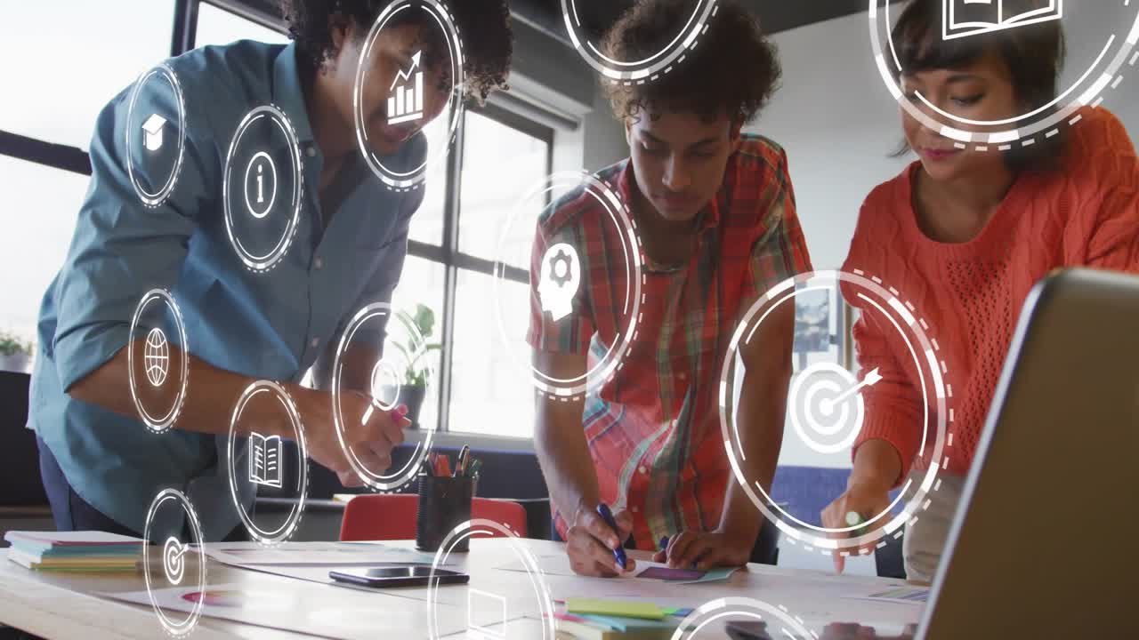 Woman picking pink marker, team marking charts to plan business while overlays animating over hands