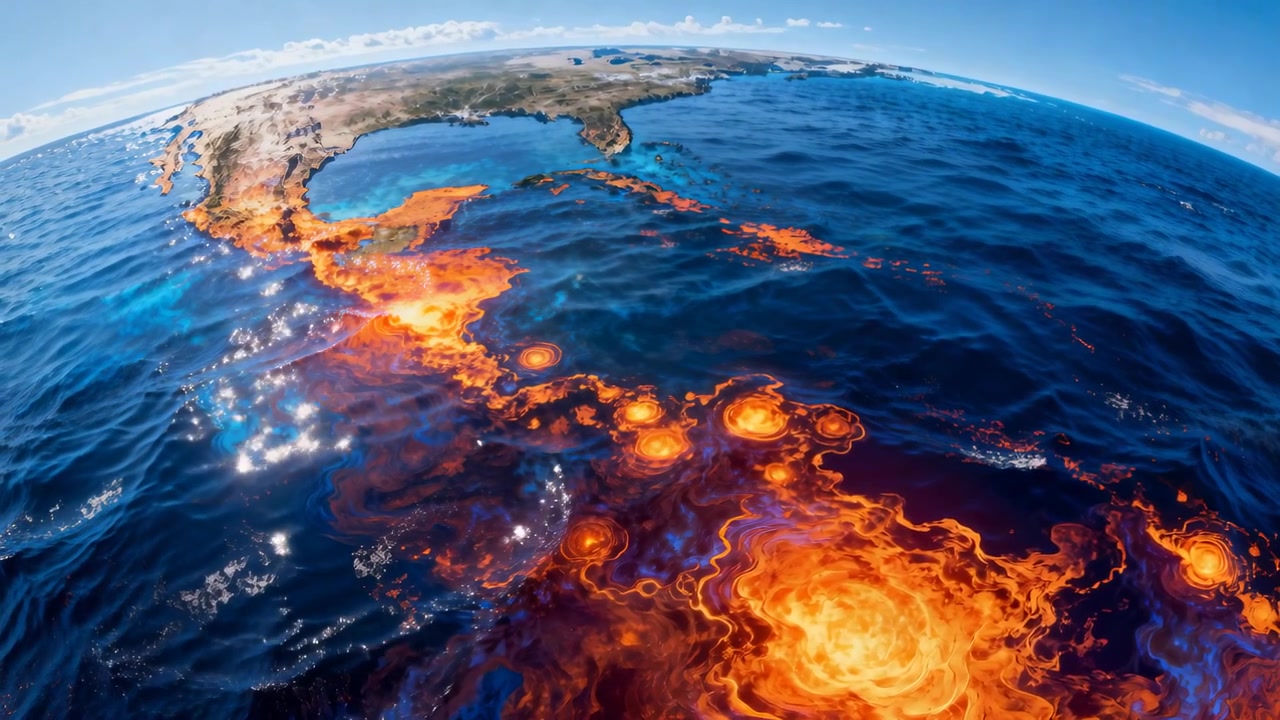 鏡頭傾斜地掃過地球表面，從軌道上可見發光的羽狀物勾勒出海岸線，熱點不斷移動。
