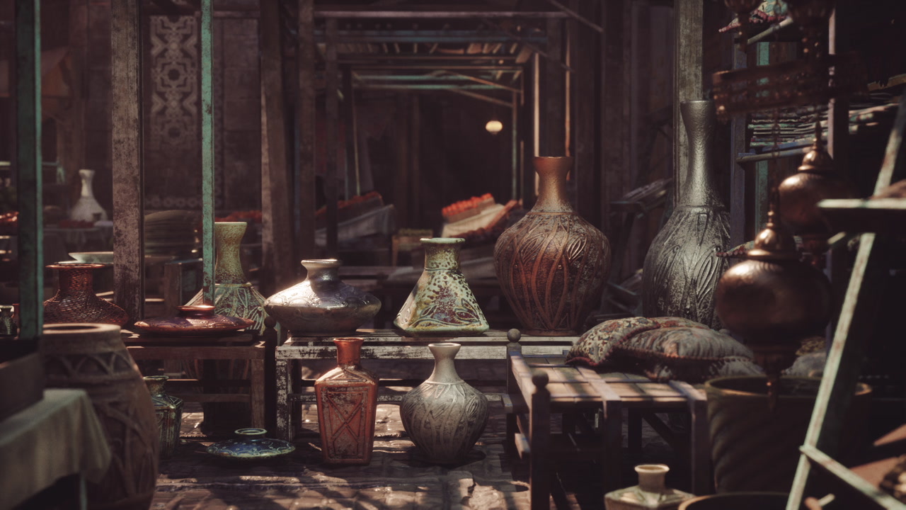 Calm hidden passage displaying vintage pottery on tiered platforms