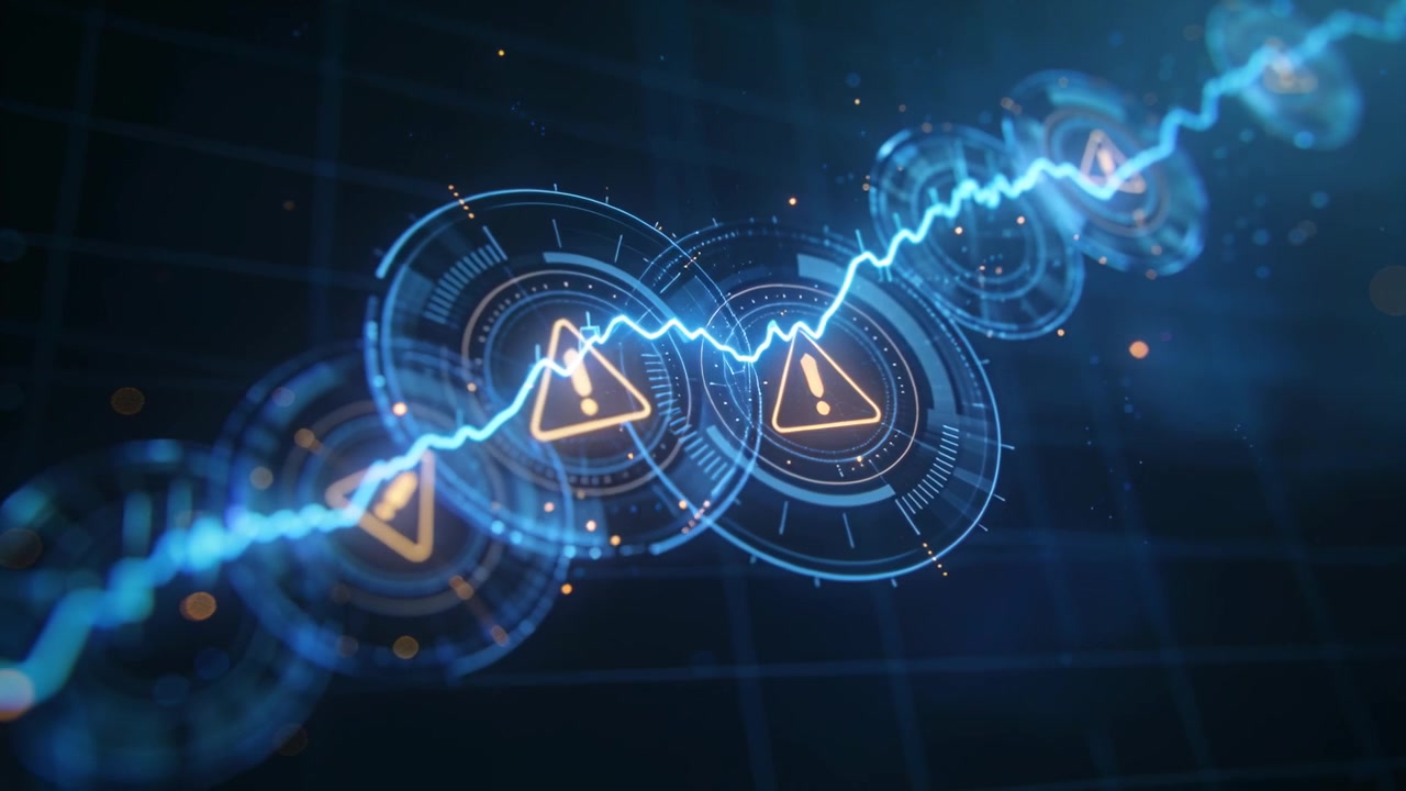 Bevægende cyan databølgeform hen over marineblåt gitter med HUD-mål og advarselsikoner, der lyser op ved dataopdatering
