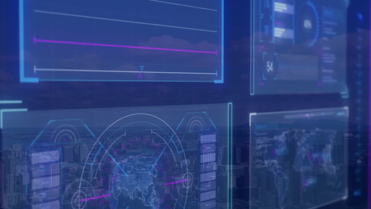 Data analytics and graphs animation over cityscape background