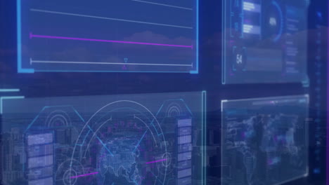 data analytics and graphs animation over cityscape background