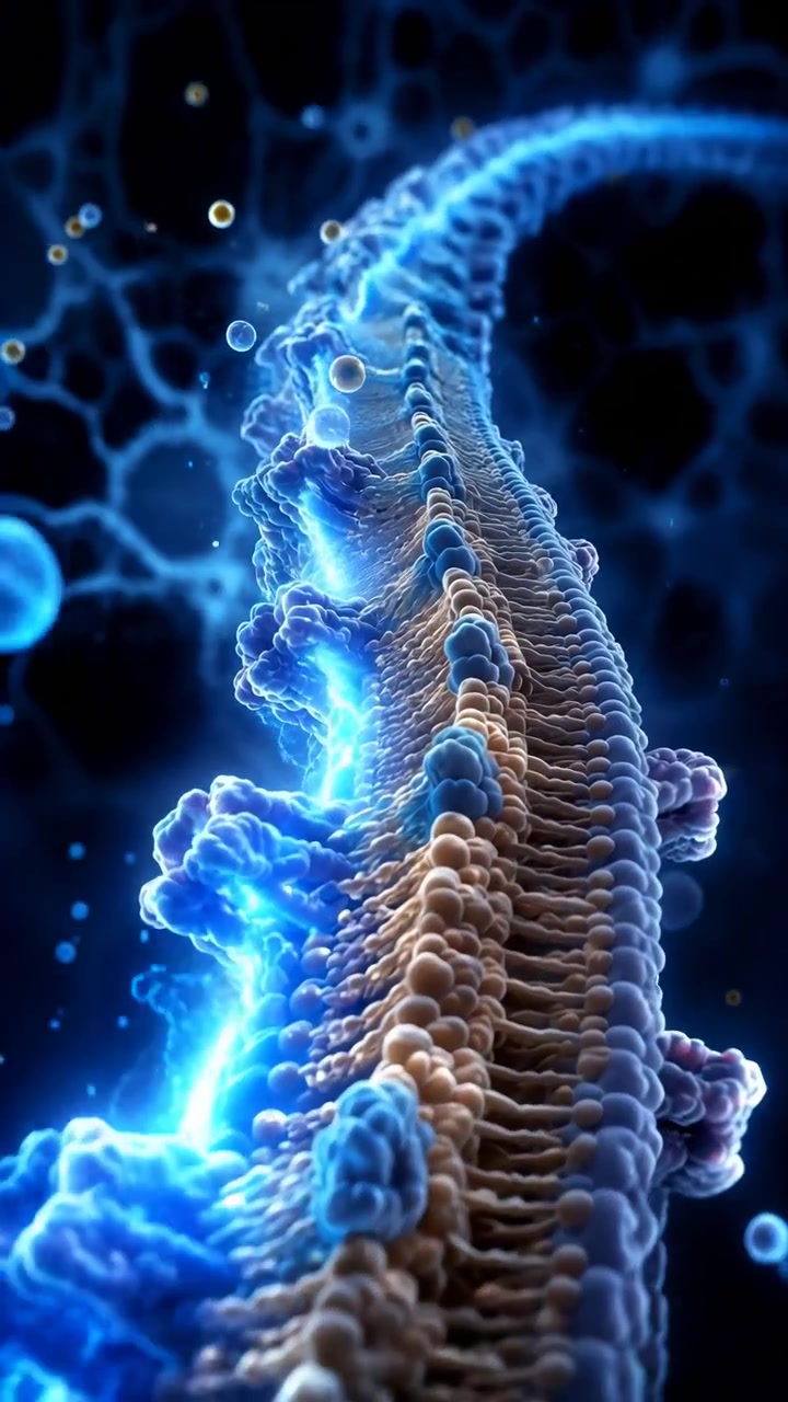 Vista macro estrema di un segmento di membrana biologica con un doppio strato lipidico ondulato, protrusioni proteiche raggruppate, punti luce superficiali luminosi, uno sfondo blu scuro profondo e una texture organica dettagliata.