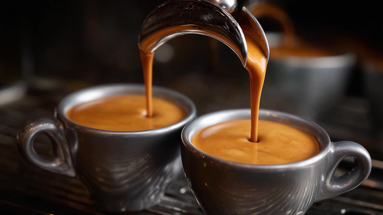 Rig espresso brygges og hældes i to sølvkopper, der viser den glatte tekstur og perfekte crema, hvilket udtrykker essensen af kaffetilberedning af høj kvalitet