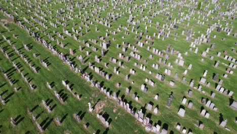 aerial overhead of rows of tombstones in lush green grass