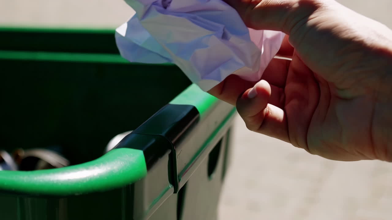 Person throwing crumpled paper into a green recycling bin