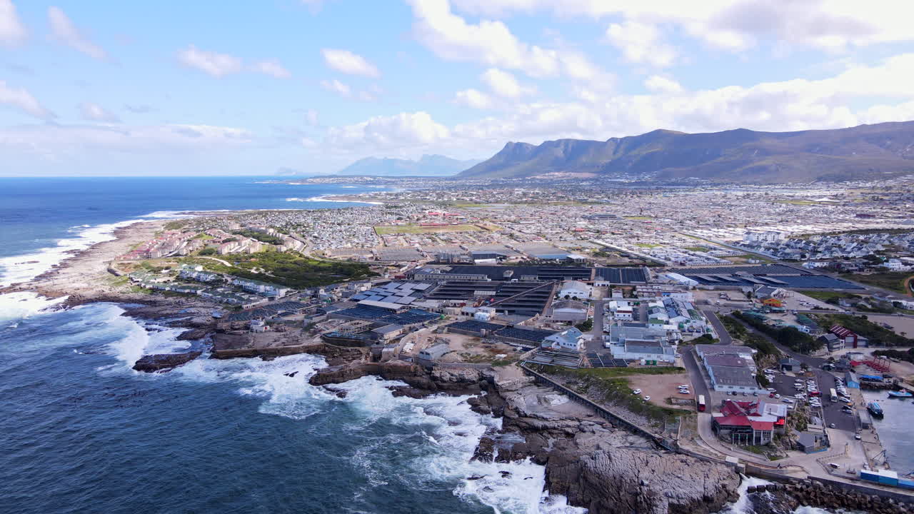 Hermanus New Harbour aquaculture abalone farms and township, panoramic aerial