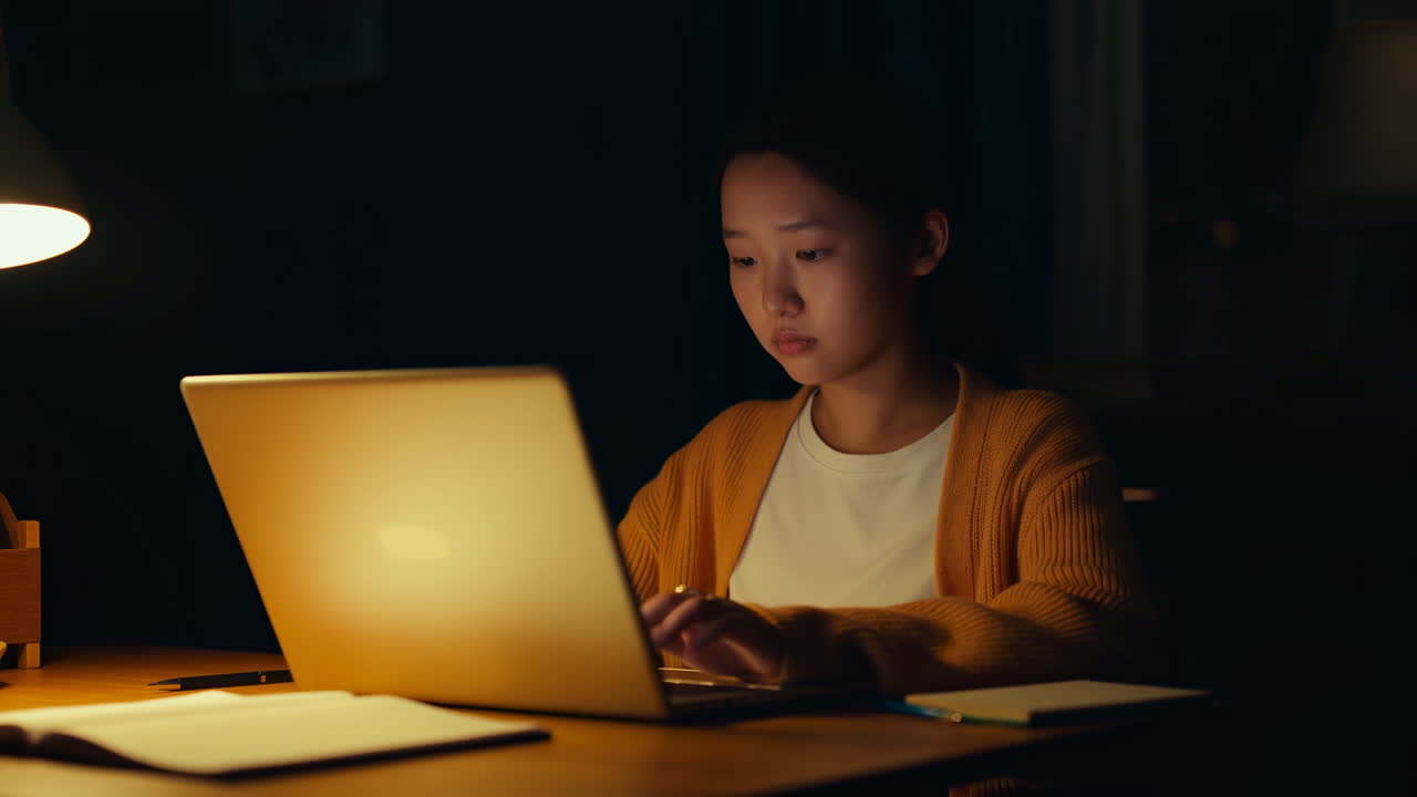 Asian Girl Studying Late At Night, Warm Laptop Glow And Desk Lamp Illuminating Open Notebook, Focused