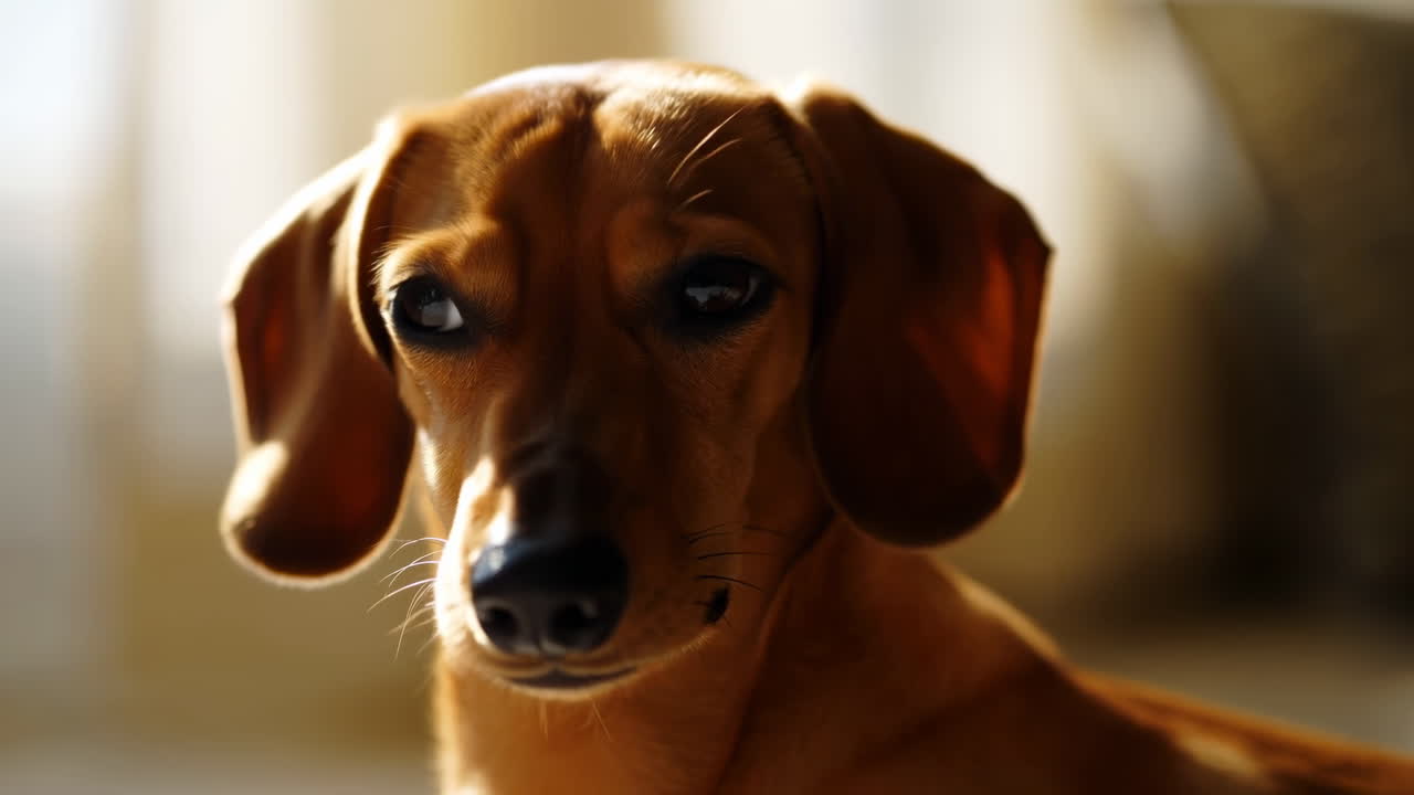 Dachshund marrom em close-up sob a luz do sol, companheiro vigilante descansando no sofá com olhos brilhantes e expressão alerta