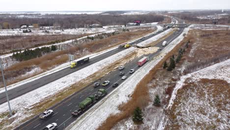 drone perspective of the aftermath of a collision on highway 30, montreal