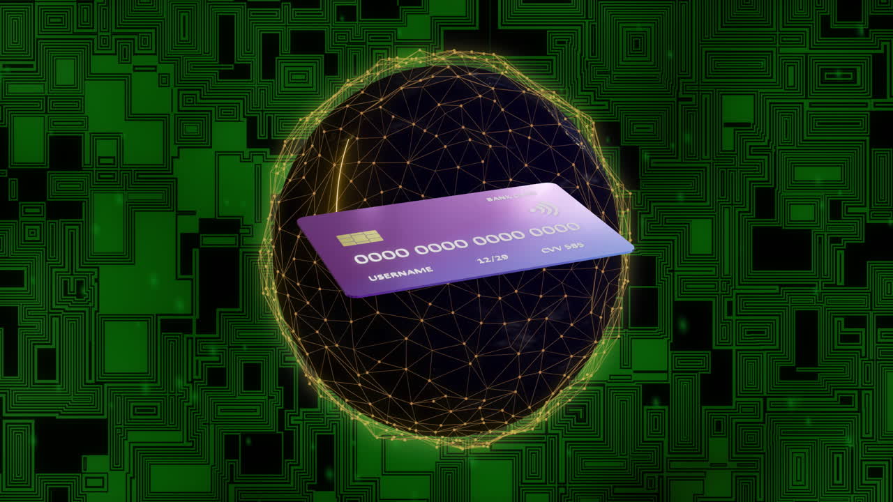 animación del procesamiento de datos digitales a través de tarjetas de crédito y globo