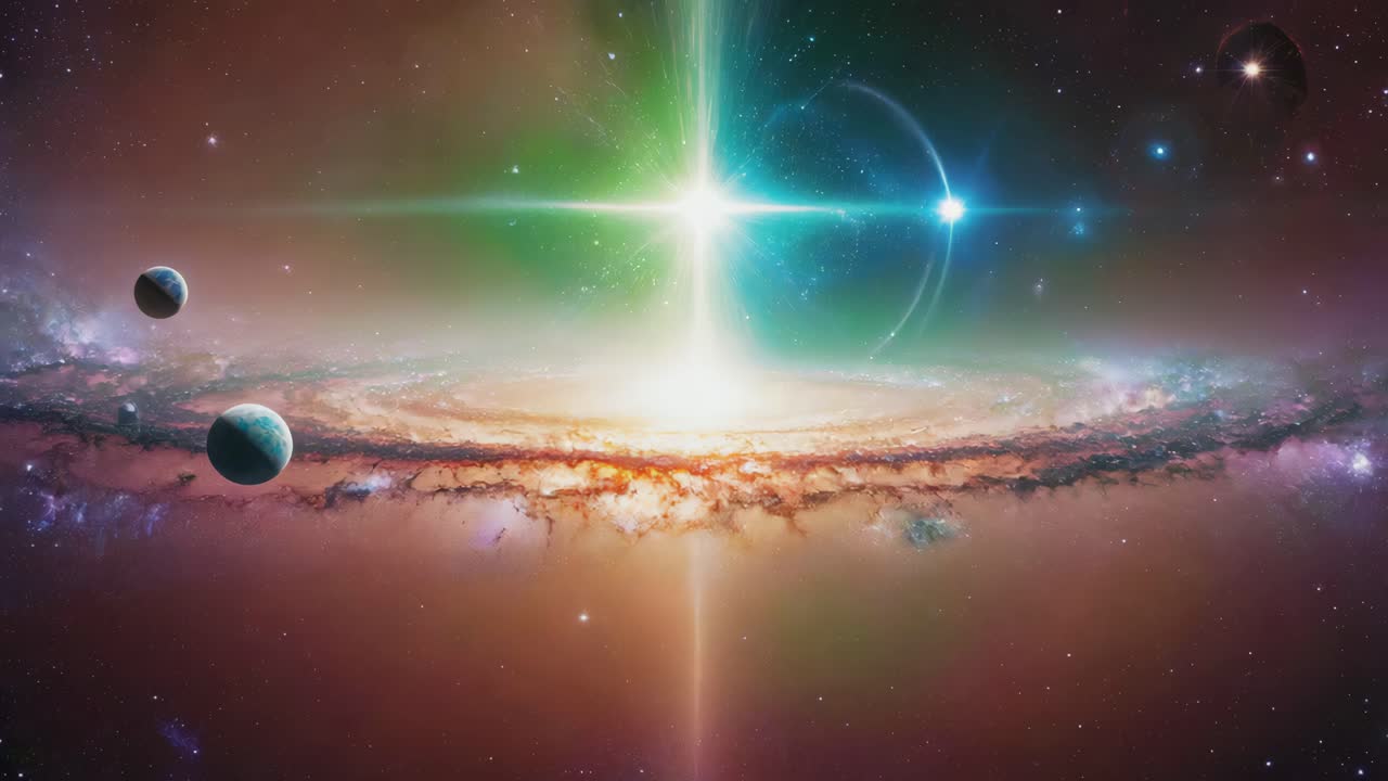 Vibrant Cosmic Galaxy with Brilliant Central Light and Planets
