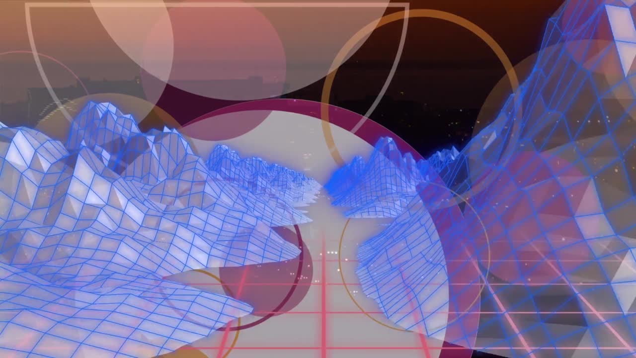 도시 풍경 위의 디지털 산과 원의 애니메이션