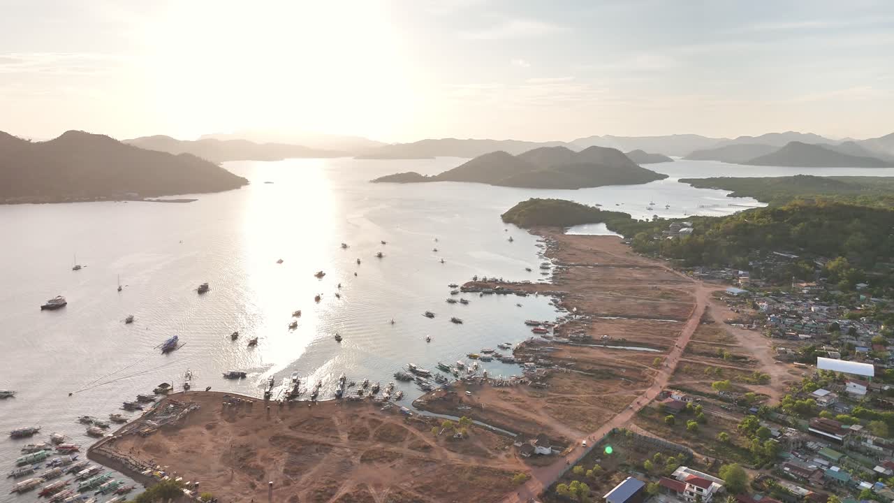 Drone footage of the harbour at Coron Town at sunset, Philippines