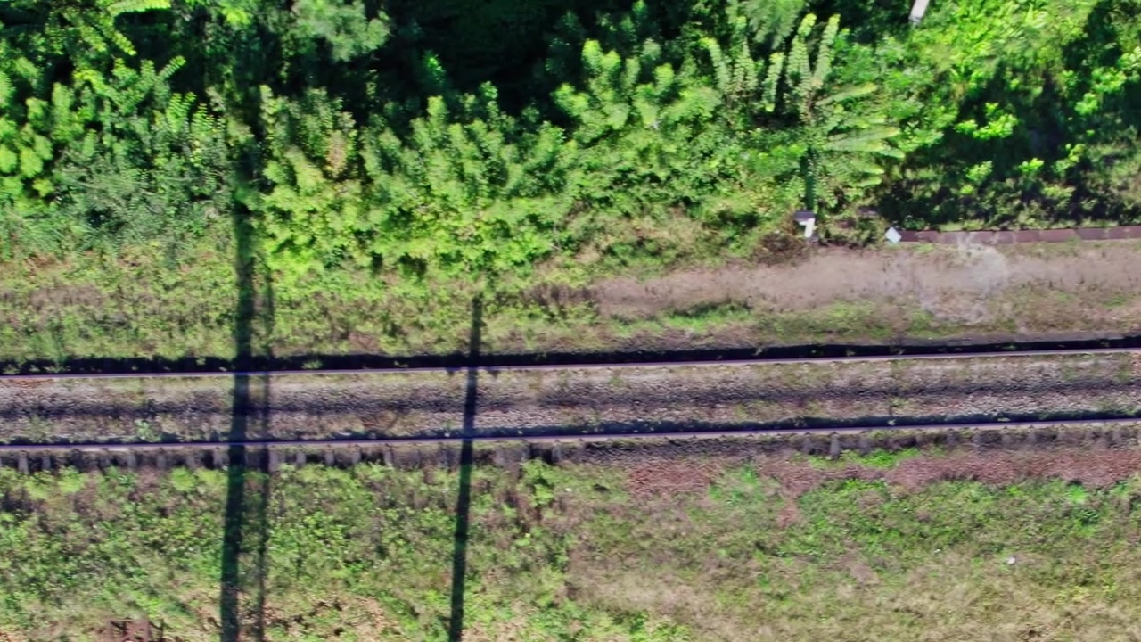 Train tracks follow a path next to grass and trees near a walkway