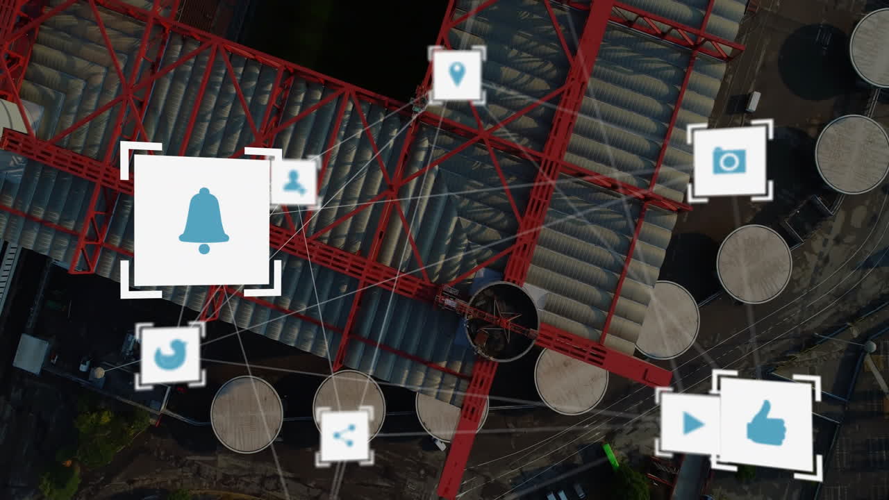 Social media icons and connections animation over industrial rooftop scene
