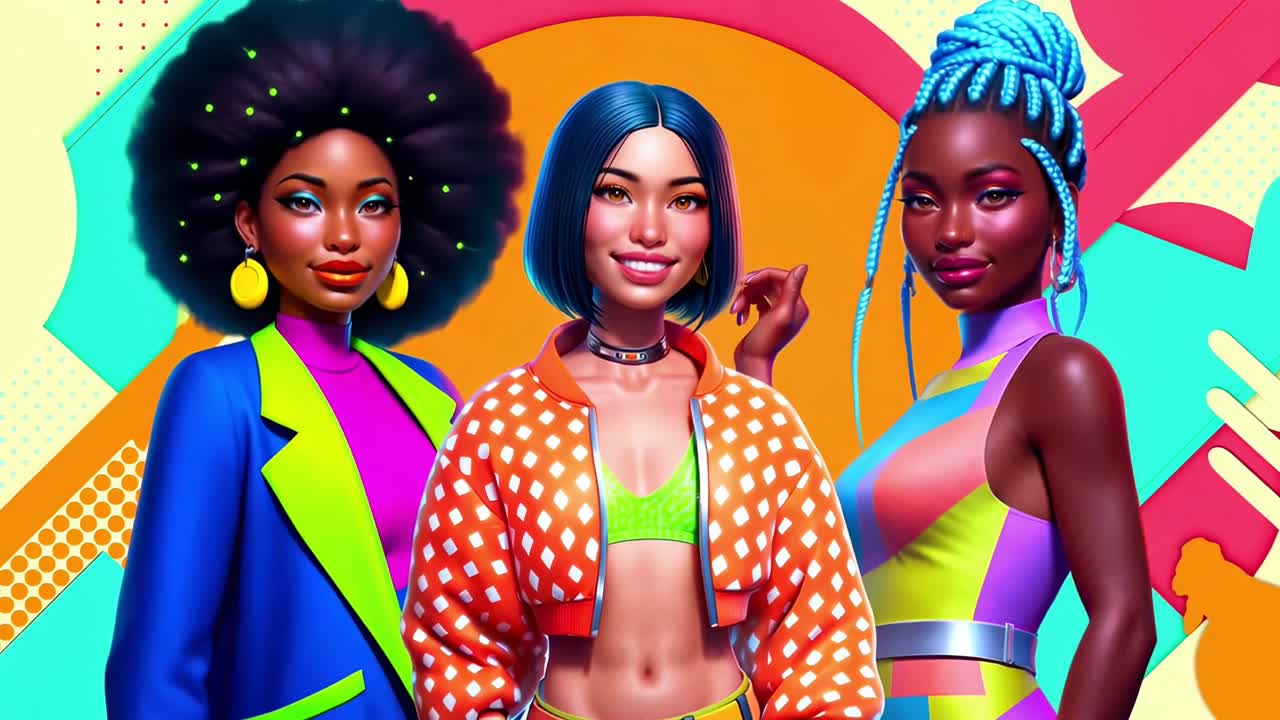 Fermo immagine video vibrante di tre donne eleganti, angolazione all'altezza degli occhi, con abiti colorati e moderni