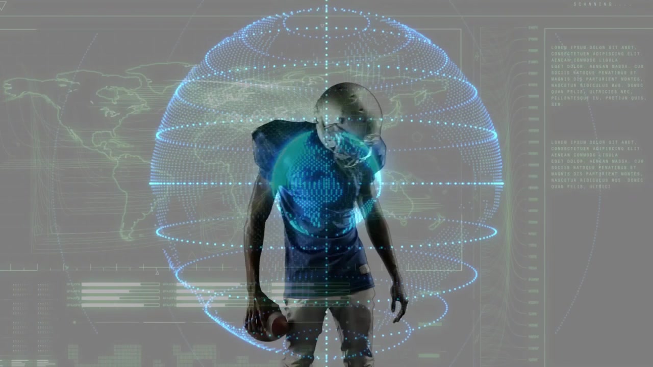 Un joueur de football se penche et ajuste sa prise, un hologramme se forme et une interface HUD affiche des données sportives.