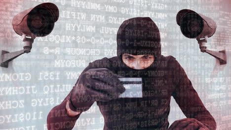 Animation of data processing over caucasian male hacker