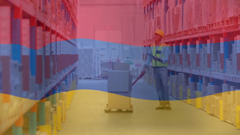 Warehouse-worker-moving-boxes-on-pallet-jack,-over-Armenia-flag-animation