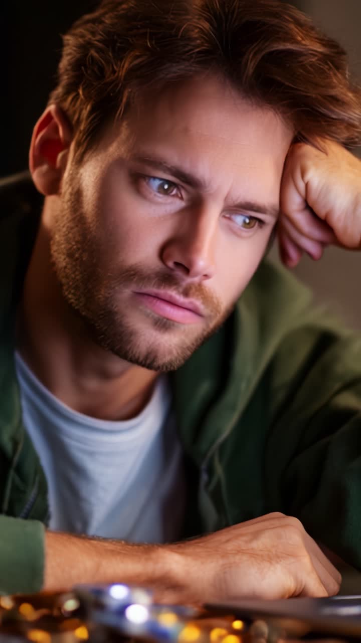 A man lost in thought, capturing an introspective moment as he rests his head on his hand, reflective and pensive, surrounded by soft ambient light and decor