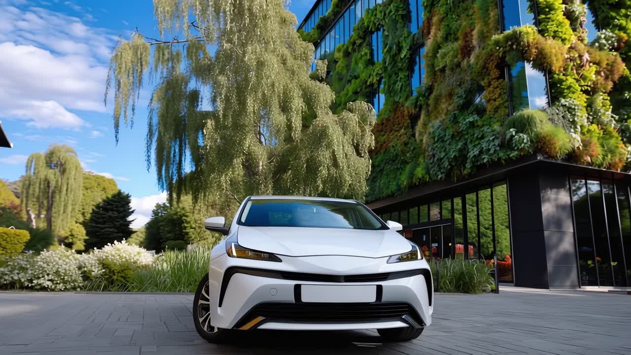 Carro híbrido branco estacionado perto de um edifício com parede verde. Estrutura moderna coberta por plantas vivas. Cena ensolarada com céus azuis claros. Ambiente urbano limpo e ecologicamente consciente. Ideal para sustentabilidade.
