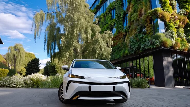 Auto ibrida bianca parcheggiata vicino a un edificio con parete verde. Struttura moderna ricoperta di vegetazione. Scena illuminata dal sole con cieli azzurri e tersi. Ambiente urbano pulito ed ecosostenibile. Ideale per la sostenibilità