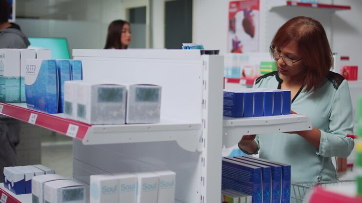 Customers Shopping for Medication in Pharmacy