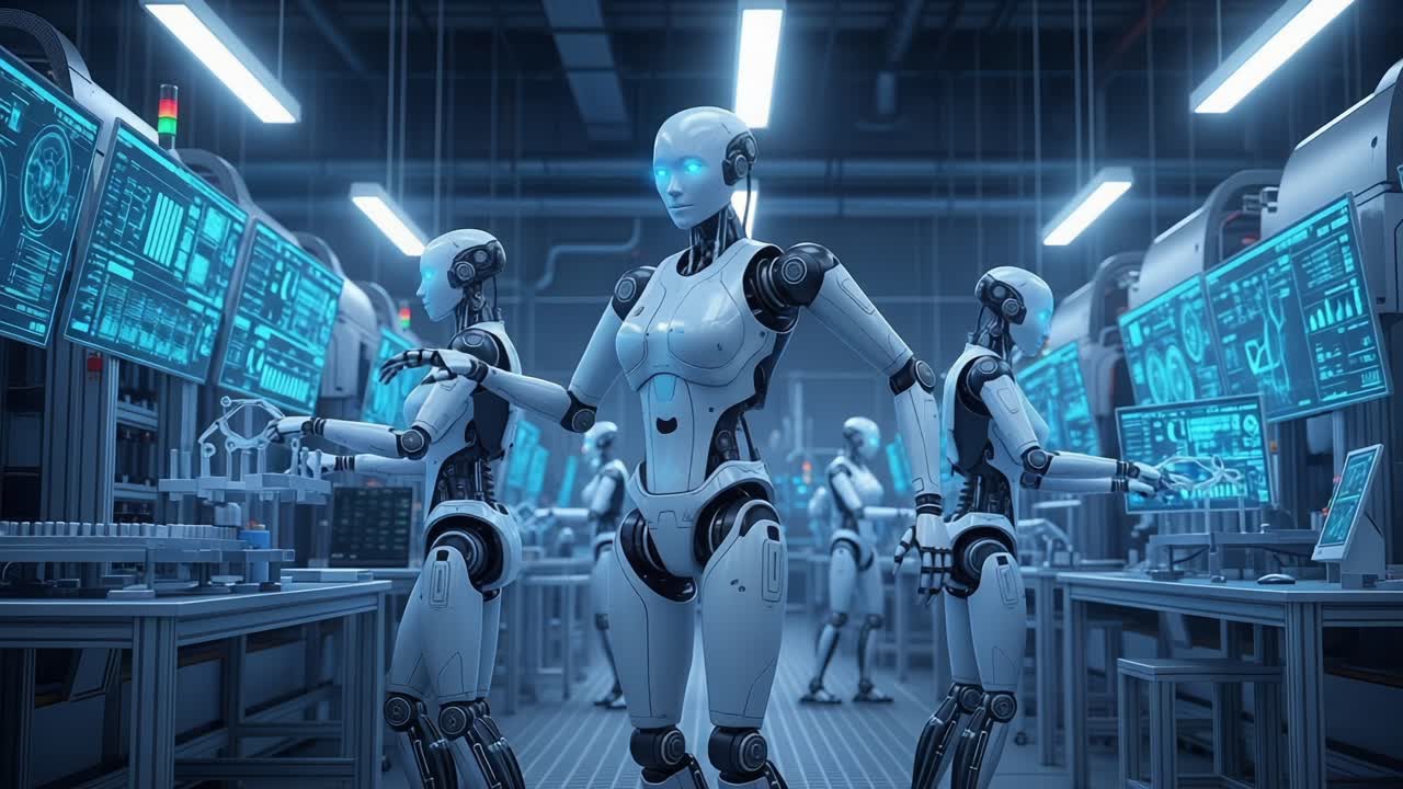 Futuristic Laboratory Setting Featuring Advanced Humanoid Robots Engaged in Complex Tasks and Interacting with High-Tech Interfaces and Screens