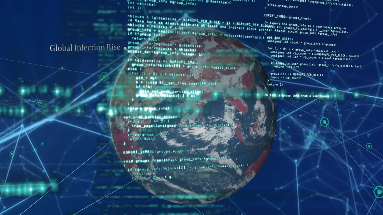 파란색 배경에 대한 전 세계 연결 및 데이터 처리 네트워크의 애니메이션