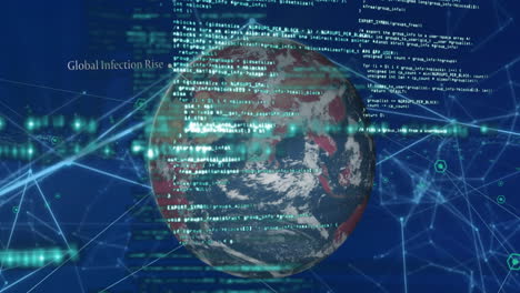 animación de la red de conexiones y procesamiento de datos en todo el mundo contra un fondo azul