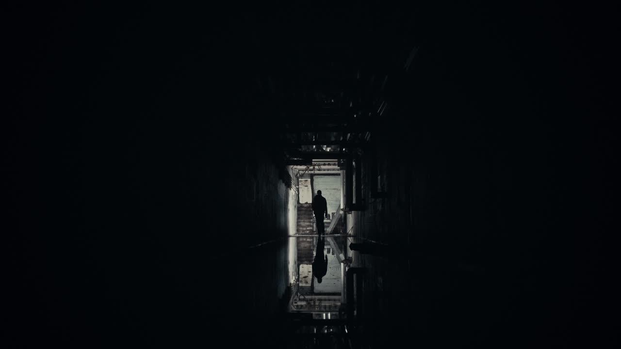 Silhouette of a Person Walking Through a Dark, Reflective Corridor