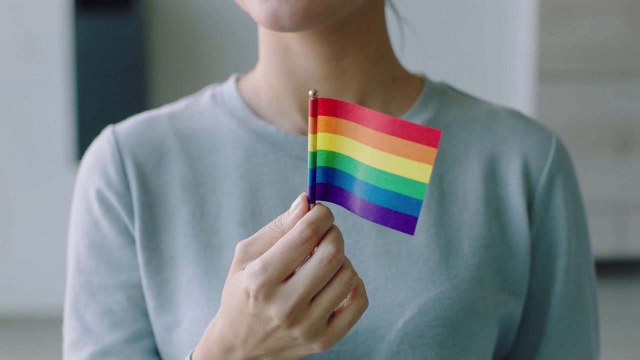 Camera starting recording, woman holding rainbow flag at chest in kitchen in light blue sweater