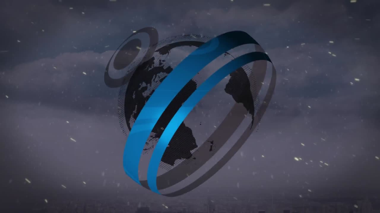 animación de partículas blancas que caen sobre el escáner redondo y el globo giratorio contra nubes oscuras