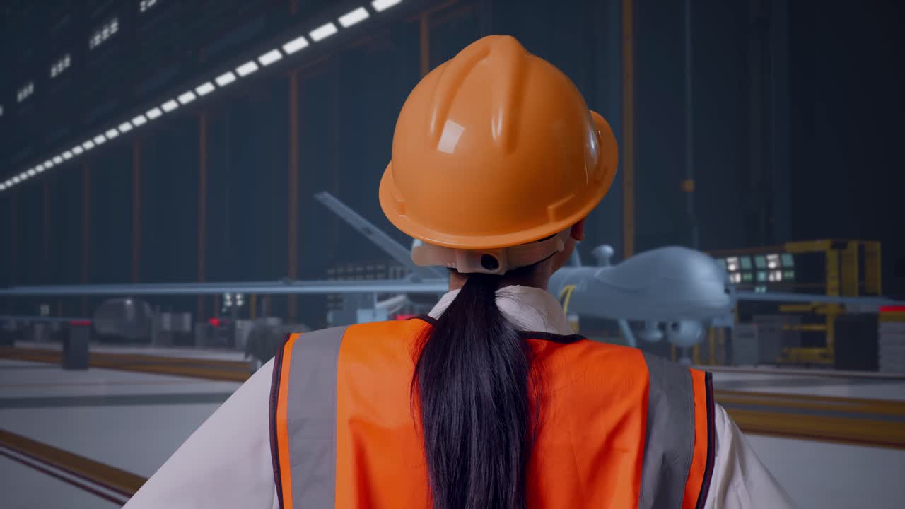 Primo piano da dietro di un'ingegnera con casco di sicurezza, che si guarda intorno in piedi con le mani sui fianchi, in un hangar di manutenzione con un moderno drone militare.