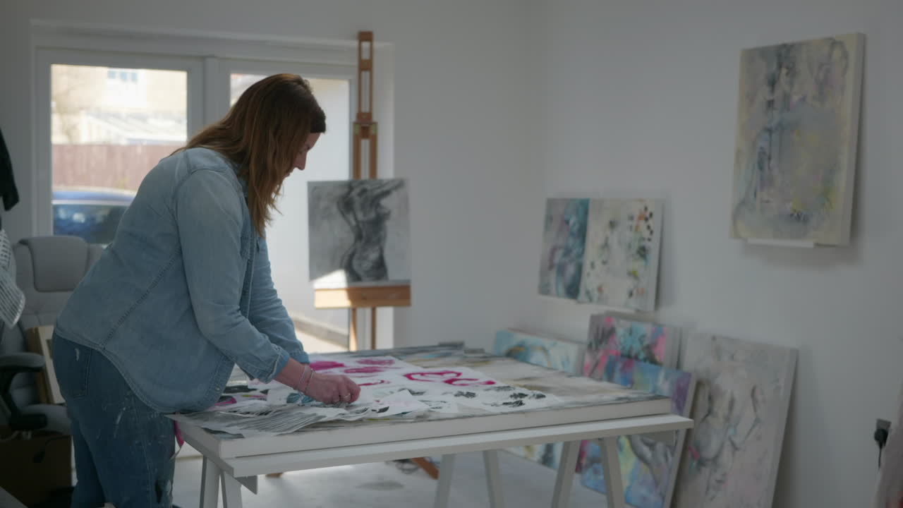 Artista donna che seleziona tratti decorativi per una tela, in piedi in uno studio di casa, circondata dai suoi quadri