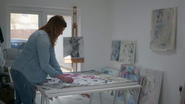 Artista donna che seleziona tratti decorativi per una tela, in piedi in uno studio di casa, circondata dai suoi quadri
