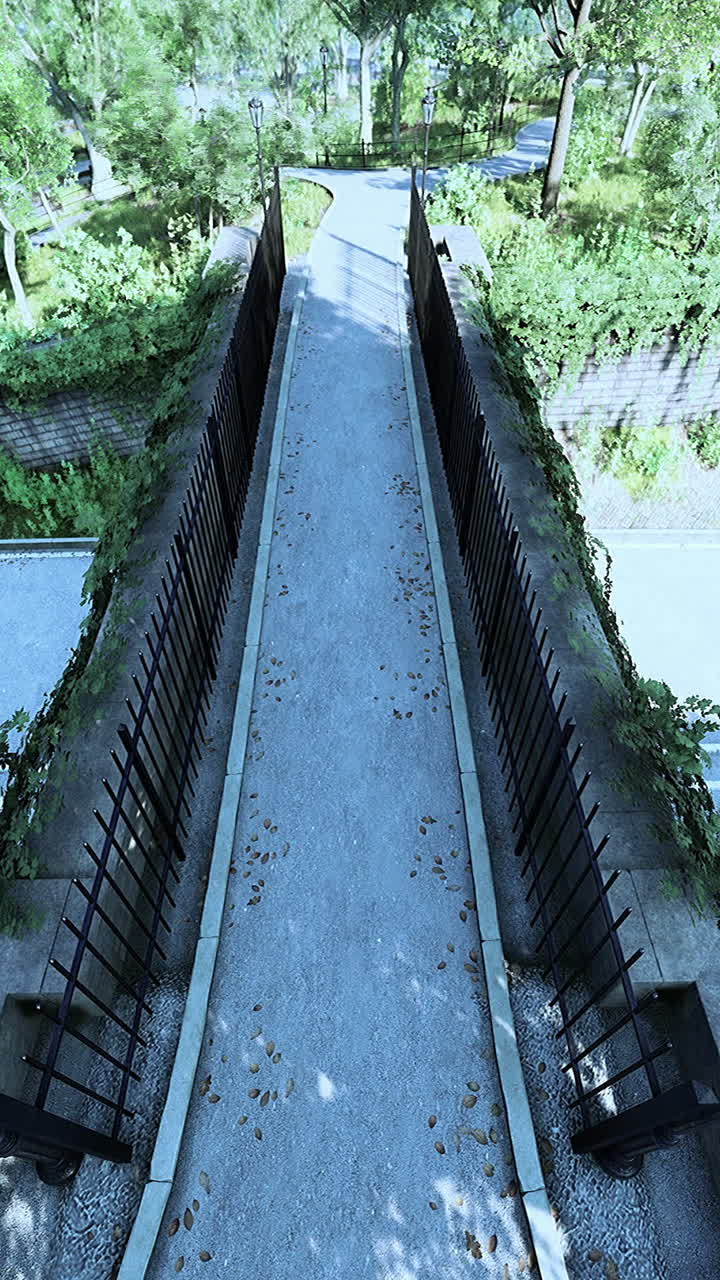 돌 벽 과 문 을 가진 공원 을 가로질러 가는 길