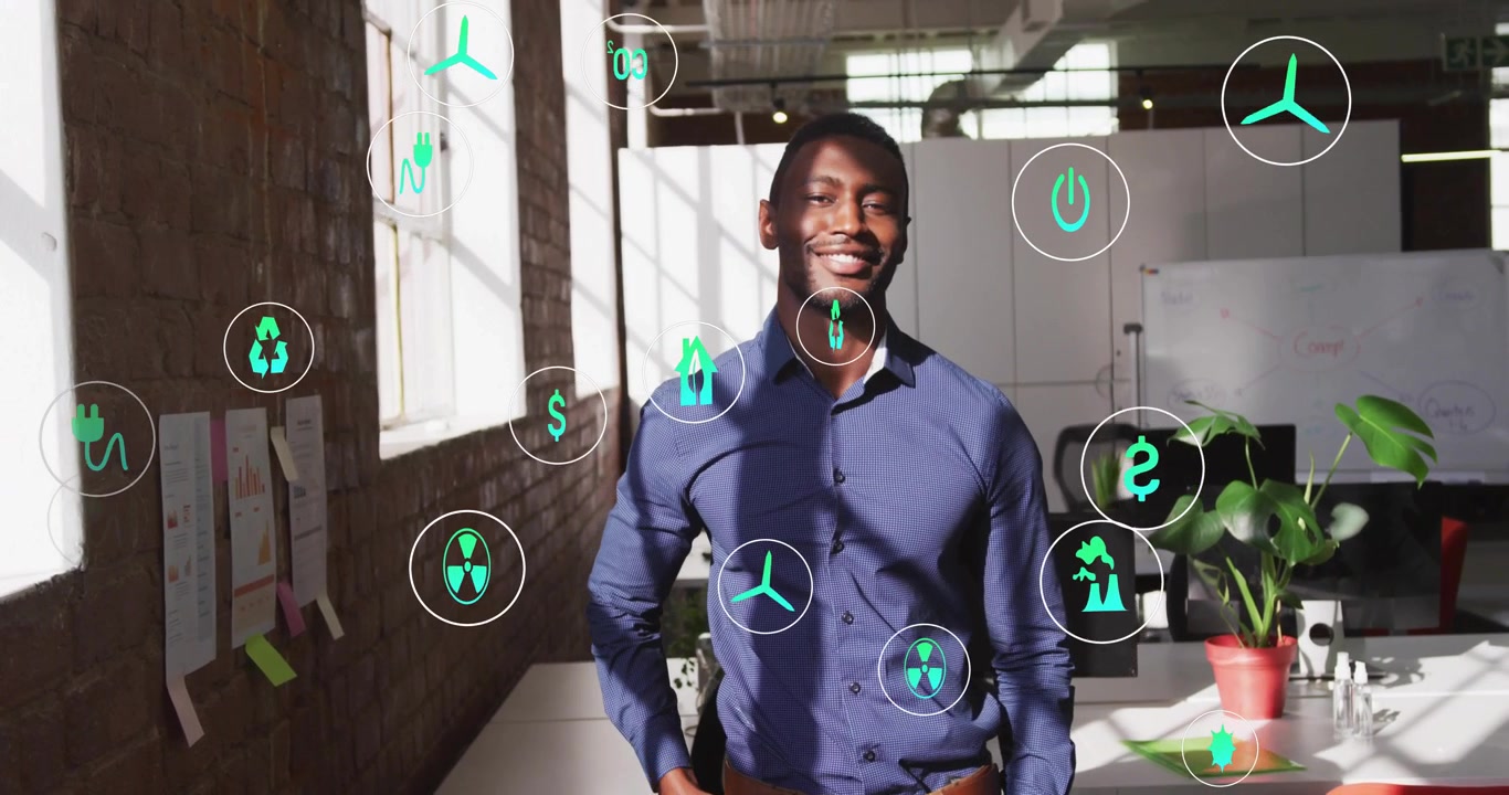 Uomo che cammina in ufficio, con icone di energia verde che orbitano attorno al busto e promuove idee per i marketer.