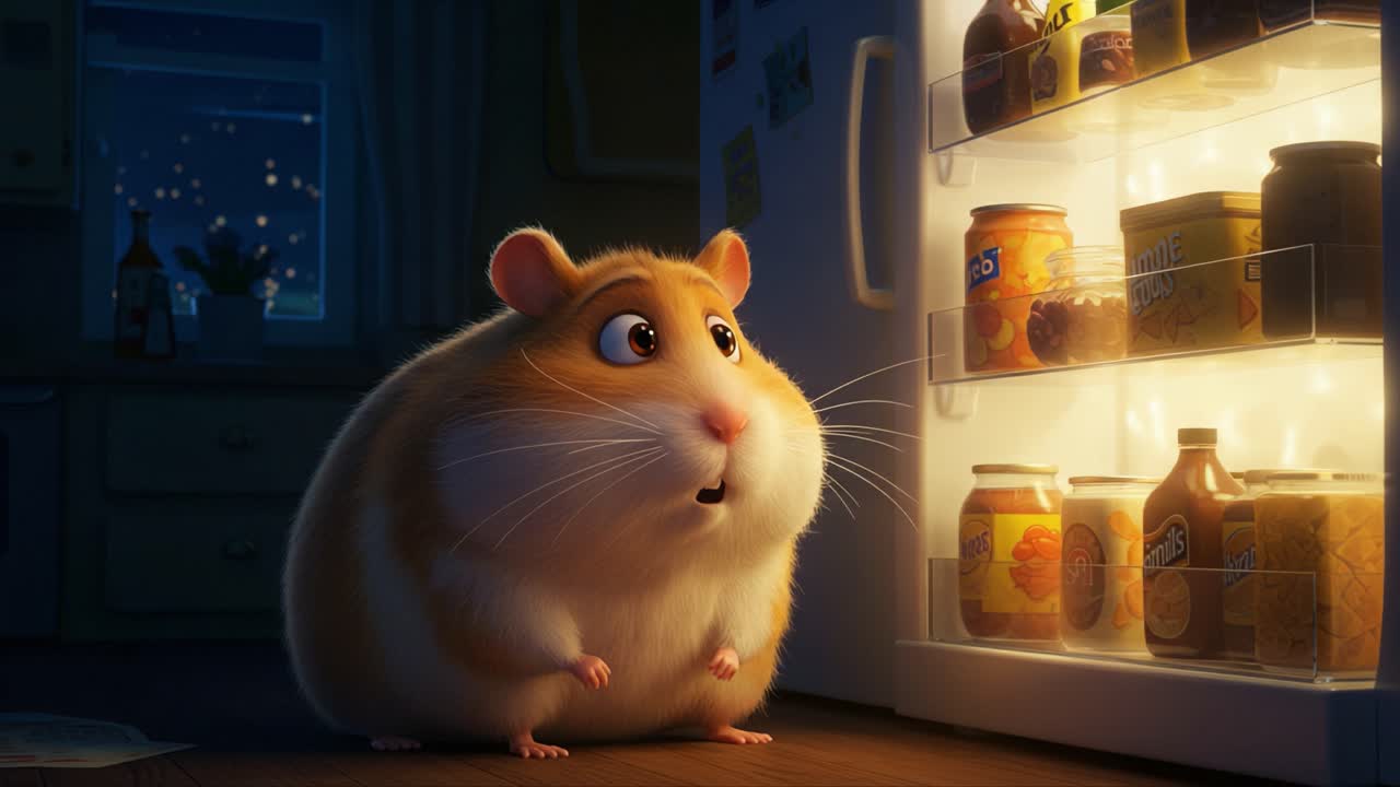 Un criceto curioso esplora i misteri del frigorifero aperto di notte, con gli occhi spalancati per la meraviglia, contemplando quale delizioso dolcetto scegliere in questa stravagante scena animata