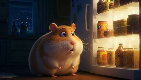 a curious hamster explores the mysteries of the open refrigerator at night, eyes wide with wonder, contemplating which delightful treat to choose in this whimsical animated scene