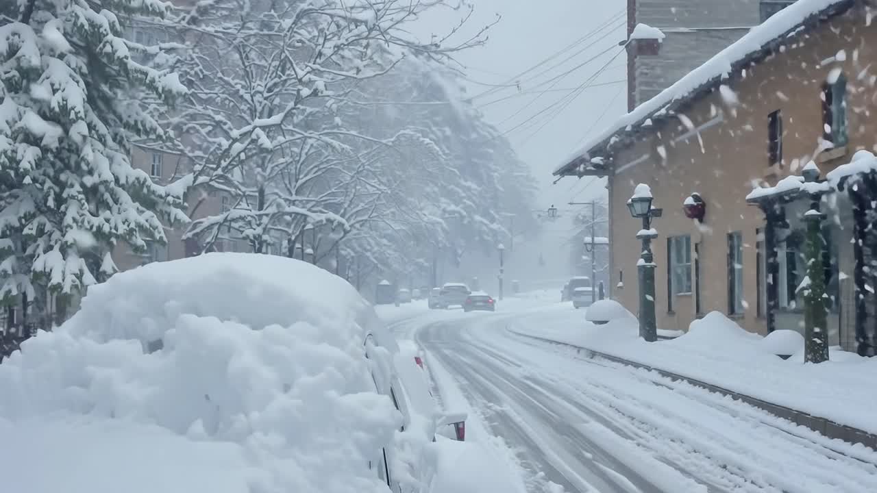 작은 마을 의 눈 인 거리 장면