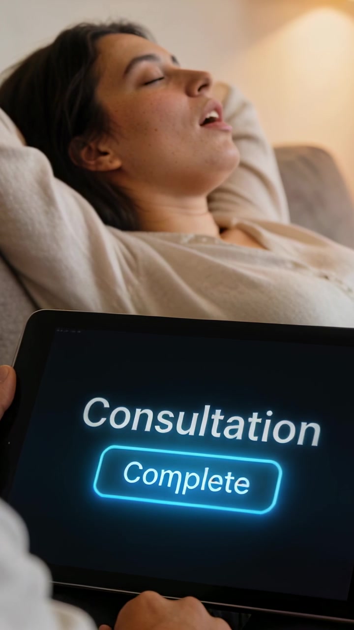 Video verticale: Dito che tocca "Completa" su un tablet a casa, donna sdraiata con un maglione leggero.