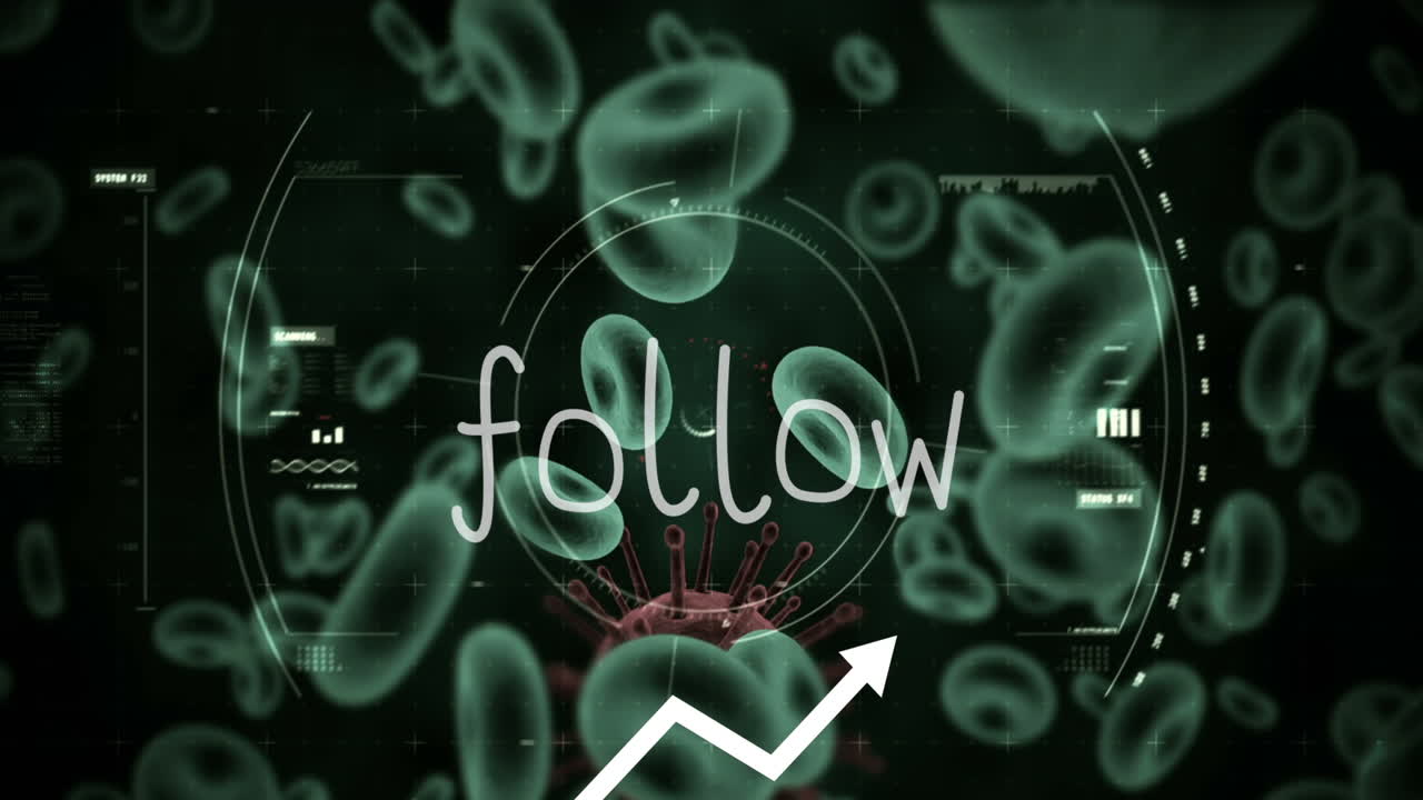 녹색 배경에 대한 covid-19 세포 및 혈관에 대한 텍스트 및 스 스캔을 따르십시오.