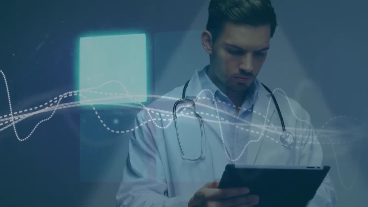 animación del procesamiento de datos sobre el médico masculino caucásico