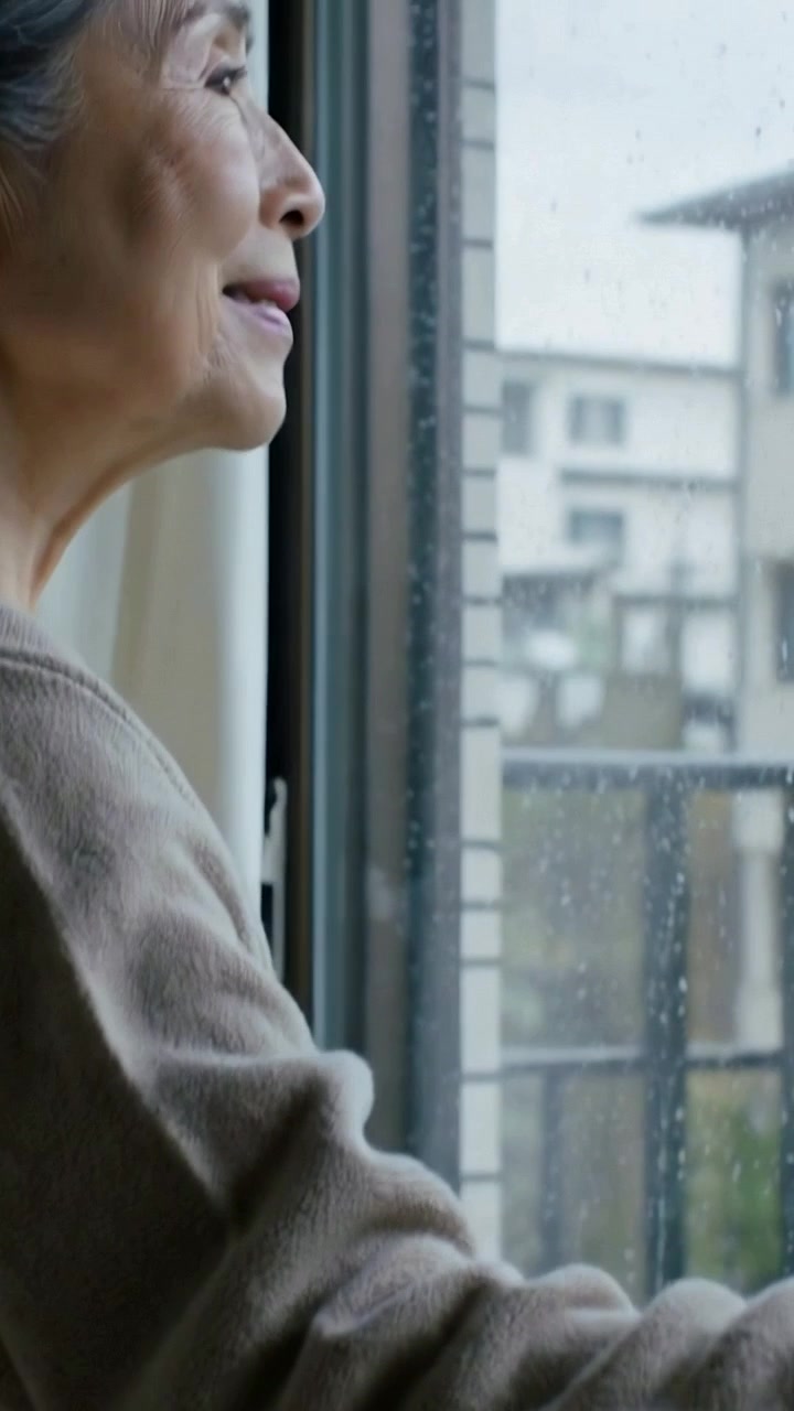 Vertical video: Rain drawing senior woman pulling curtain at home with wet glass, sweater