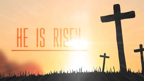 Animation-of-he-is-risen-text-and-three-christian-crosses-with-glow-on-orange-background